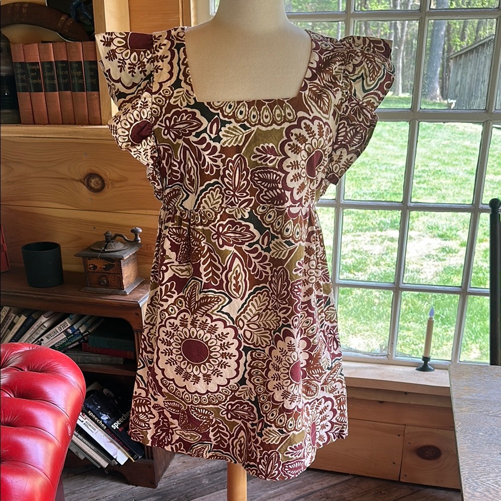 Faherty Brand Square-Neck Flutter Sleeve Mini Dress in Brown and Cream Floral
